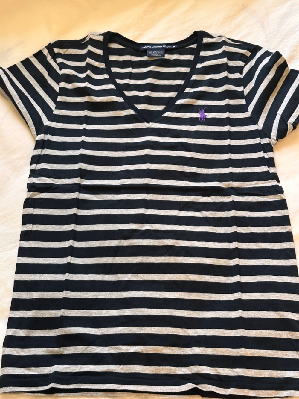 Polo Ralph Lauren Pima Cotton V-Neck Tshirt - Black and Gray Stripe - M